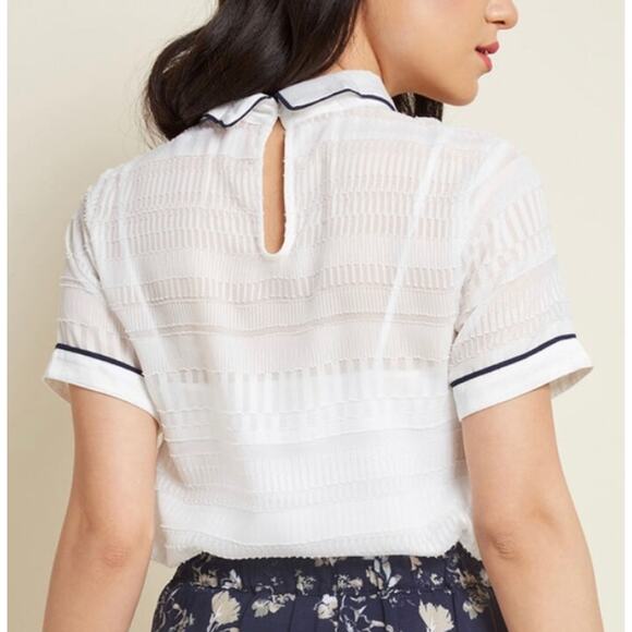 Modcloth Size L Logical & Lovely Collared Top White Black Piping Sheer Collared - Picture 2 of 11